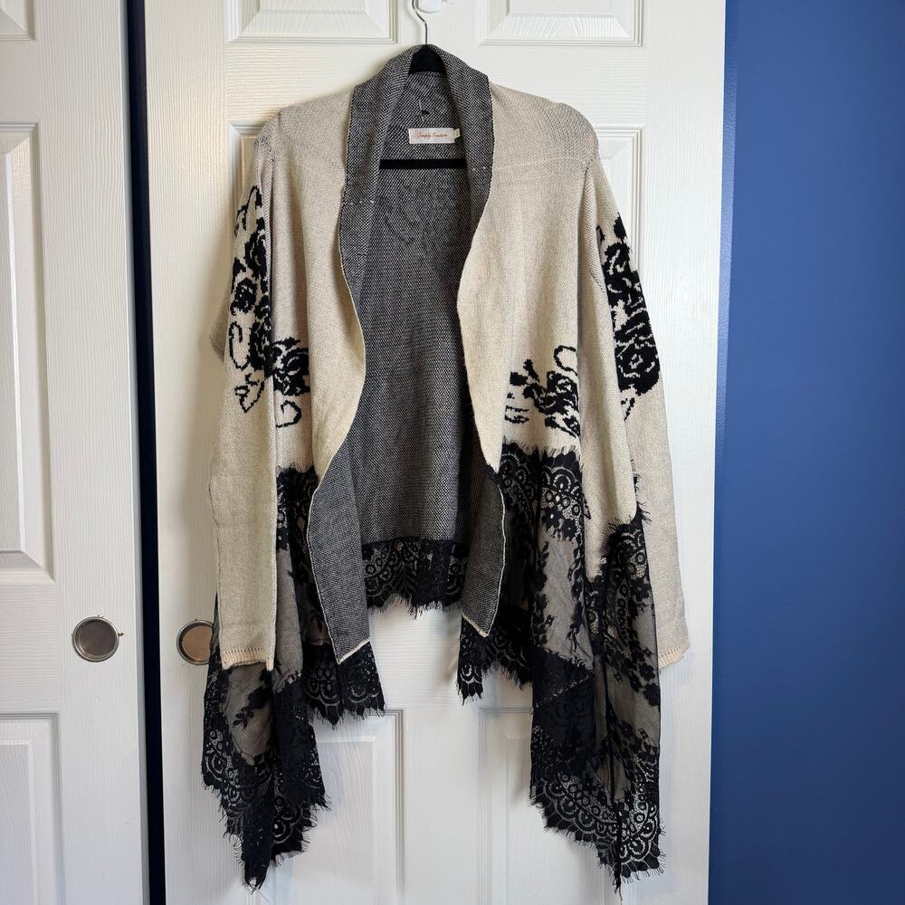 Simply Couture XL Lace Trim Floral Open Front Cardigan Black Cream Duster